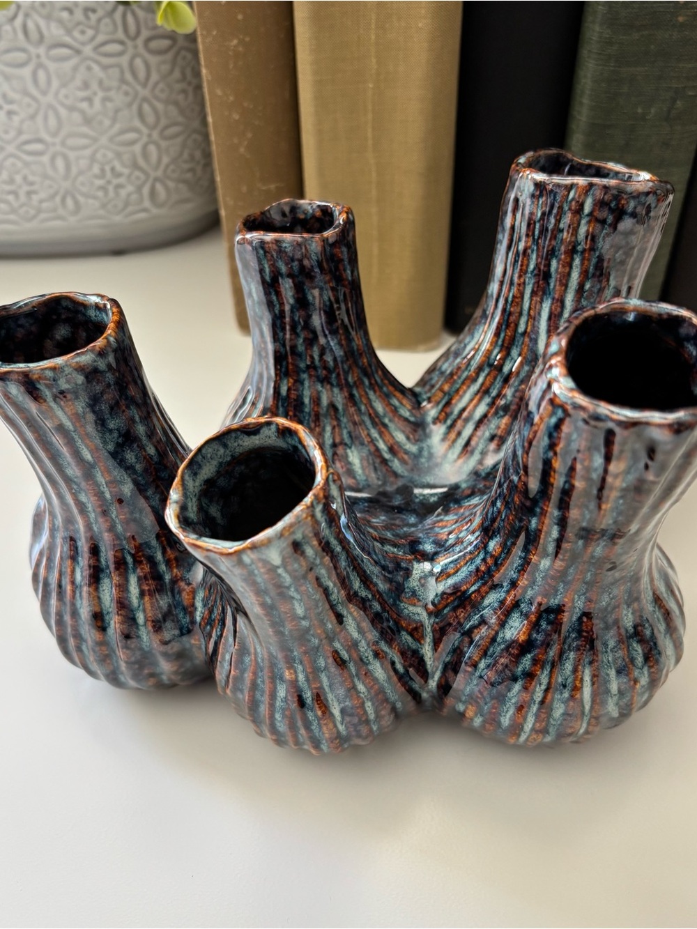 Handcrafted Multi-Spout Ceramic Vase in Blue and Brown